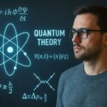 A physicist contemplating quantum theory equations and an atomic model, illustrating unanswered questions about reality and observation.