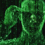 Digital green Neo from the matrix putting his sunglasses on while in the matrix