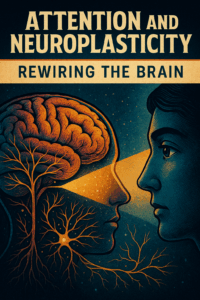 Poster-style illustration showing a glowing brain and neuron tree inside a human profile illuminated by the focused gaze of another person, symbolizing attention and neuroplasticity.