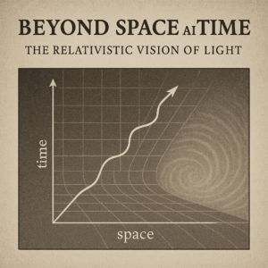 Spacetime diagram illustrating light’s path under relativity, accompanied by the title “Beyond Space and Time: The Relativistic Vision of Light.”