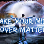 An artist's rendition of a guy standing in the middle of a road using his mind over matter ability to keep a bus from hitting him.