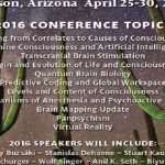 Background picture of Arizona cactuses with text invitation to consciousness conference