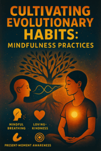 Illustration of a meditating figure with a glowing heart, facing a symbolic profile and a tree of growth, surrounded by icons labeled “Mindful Breathing,” “Loving-Kindness,” and “Present-Moment Awareness,” against a cosmic background.