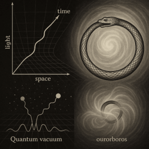Diagram depicting the journey of light through spacetime, quantum vacuum fluctuations, and an ouroboros symbolizing cyclical unity and self-awareness.