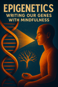 Illustration of a meditating person projecting focused awareness toward a DNA strand, symbolizing the influence of mindfulness on gene expression, with the title “Epigenetics: Writing Our Genes with Mindfulness.”
