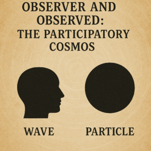 Vintage-style illustration showing a human head silhouette facing a black circle, with the title “Observer and Observed: The Participatory Cosmos” above them on a parchment background.