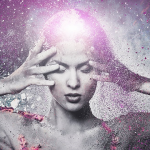 Pictorial image of silvered women putting hands on head (connecting to her psychic ability)