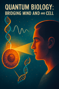 Illustration showing a meditating person focusing light onto a biological cell, with DNA strands and a quantum wave linking mind and biology under the title “Quantum Biology: Bridging Mind and Cell.”