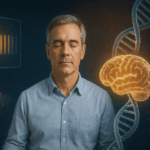 Wide-format image of a man meditating with quantum waveform, Schrödinger's cat, glowing brain, and DNA helix around him.