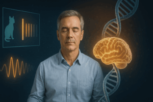 Wide-format image of a man meditating with quantum waveform, Schrödinger's cat, glowing brain, and DNA helix around him.