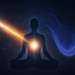 Silhouette of a meditating figure radiating light at the heart, surrounded by cosmic waves and a beam of light in deep space.