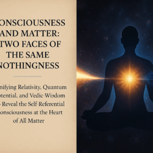 Cosmic artwork combining a meditating silhouette and text reflecting on the unity of consciousness and matter.
