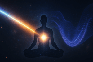 Silhouette of a meditating figure radiating light at the heart, surrounded by cosmic waves and a beam of light in deep space.