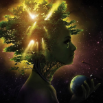 Beautiful; artistic rendition of an effeminate head in space light emanating through it from behind holding earth in her hand.. The idea being what is the consciousness connection between mind and body?