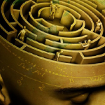 Pictorial image of brass head with a maze on the top of it