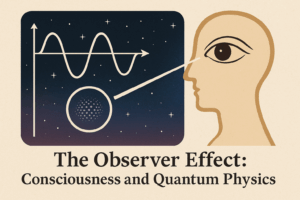 Modern illustration of a human profile observing a quantum graph with a wave and a particle symbol, connected by a beam of observation, titled “The Observer Effect: Consciousness and Quantum Physics.”