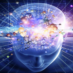 Abstract image of mans head with quantum graphics embedded in it