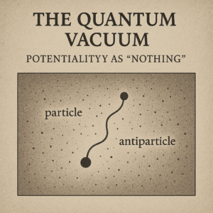 A vintage-style diagram illustrating particle-antiparticle pair creation emerging from the quantum vacuum, labeled with bold text: “The Quantum Vacuum – Potentiality as ‘Nothing’.”