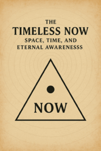 Vintage-style poster with the title “The Timeless Now: Space, Time, and Eternal Awareness,” featuring a triangle with the word “NOW” and a dot inside, radiating concentric circles in the background.