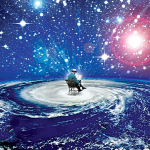 A man sitting on a chair reading in the middle on the galaxy, cool image.