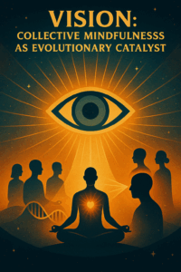 Illustration of a group of meditating silhouettes gathered beneath a radiant eye symbol, with light beams connecting them, symbolizing collective mindfulness as a force of evolution.