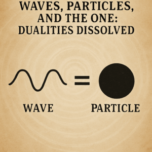 A vintage-style illustration showing a wave symbol equal to a particle symbol, with the title “Waves, Particles, and the One: Dualities Dissolved” above them on a parchment background.