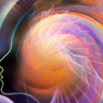 Abstract image of women's head with shadow colorfully illuminated expressing her consciousness.