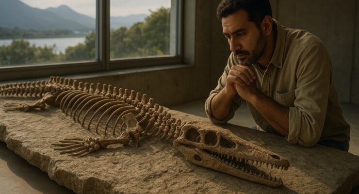 Person working on a computer while addressing mosasaur fossil Japan