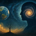 A wide cosmic illustration showing Earth floating in space beside the silhouette of a human head with a glowing spiral galaxy inside it, symbolizing the unity of consciousness, nothingness, and the universe as explored in Species Universe.
