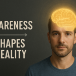 Wide image of a realistic human face with a glowing brain and text showing that awareness shapes reality through conscious action.