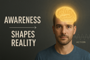 Wide image of a realistic human face with a glowing brain and text showing that awareness shapes reality through conscious action.