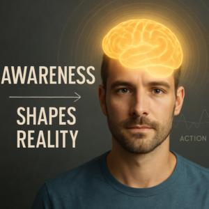 A realistic human face with a glowing brain symbolizing applied consciousness and how awareness shapes perception and action.