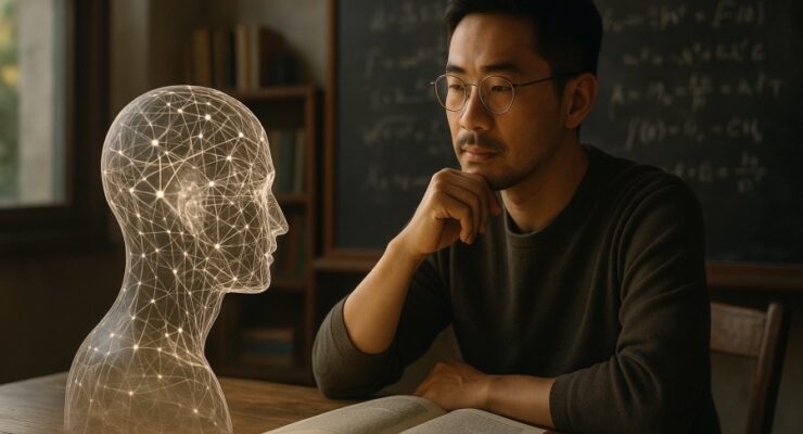Person working on a computer while addressing AI intelligence