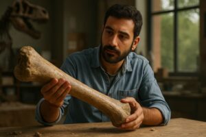 Person working on a computer while addressing dinosaur collagen