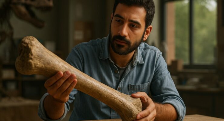 Person working on a computer while addressing dinosaur collagen