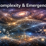 Complexity & Emergence banner showing interconnected networks across molecular, neural, urban, and cosmic scales in a wide scientific landscape.