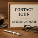 Wood-framed sign reading Contact John – Species Universe beside coffee cup, glasses, and pen on a wooden desk