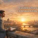 A young man overlooking a city at sunset while writing in a notebook, with the title Curated Library: Civilization & Ethics displayed in the sky.