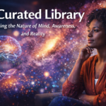 An African American woman thoughtfully reflecting with cosmic imagery and a glowing brain illustration behind her, representing consciousness, awareness, and the exploration of reality.