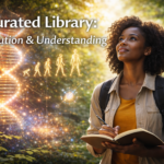An African American woman in a forest holding a notebook, with glowing DNA and human evolution imagery beside the title Curated Library: Evolution & Understanding.