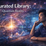 A Hispanic woman analyzing quantum data on a computer screen with abstract wave patterns and particle visuals behind her, representing quantum reality and the role of the observer.