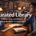 A young Asian man thoughtfully reviewing digital research on a laptop, representing a curated exploration of consciousness, quantum reality, and human understanding.