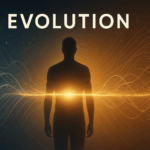 A human silhouette standing in front of radiant golden wave–particle light patterns, symbolizing consciousness and evolution emerging from nothingness.
