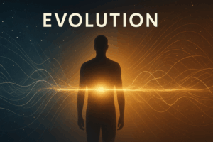 A human silhouette standing in front of radiant golden wave–particle light patterns, symbolizing consciousness and evolution emerging from nothingness.