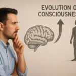 A thoughtful man reflecting on the evolution of consciousness from brain activity to human self-awareness