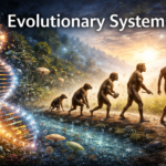 Evolutionary Systems banner showing stages of primate to human evolution alongside a DNA helix in a natural landscape.