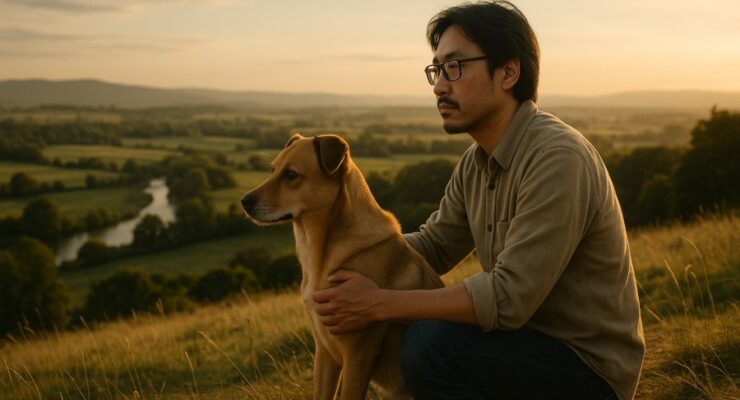 Person working on a computer while addressing human dog coevolution