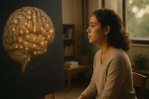 Person working on a computer while addressing global neuronal workspace theory