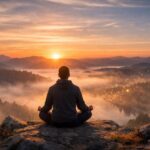 Person seated in meditation at sunrise symbolizing self-awareness, cause and effect, and the journey toward enlightenment.