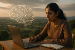 Person working on a computer while addressing brain data compression